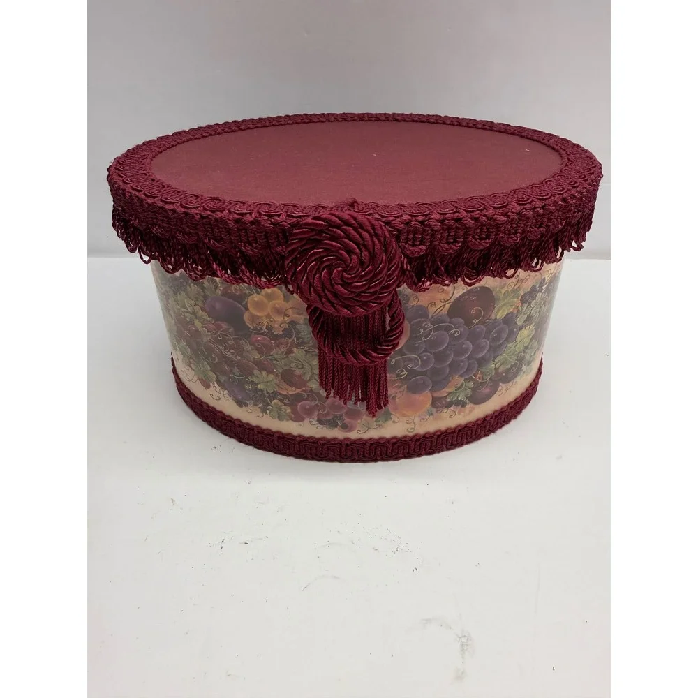 Vintage Glynda Turley 1993 Fruit Motif Decorative Hat Box Burgundy Tassel Oval